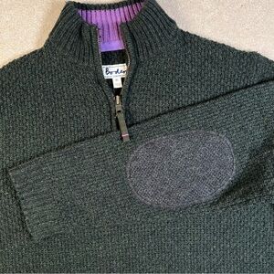 Boden Sweater Gray Quarter Zip Wool Blend Elbow Patches Purple Trim Men's XL